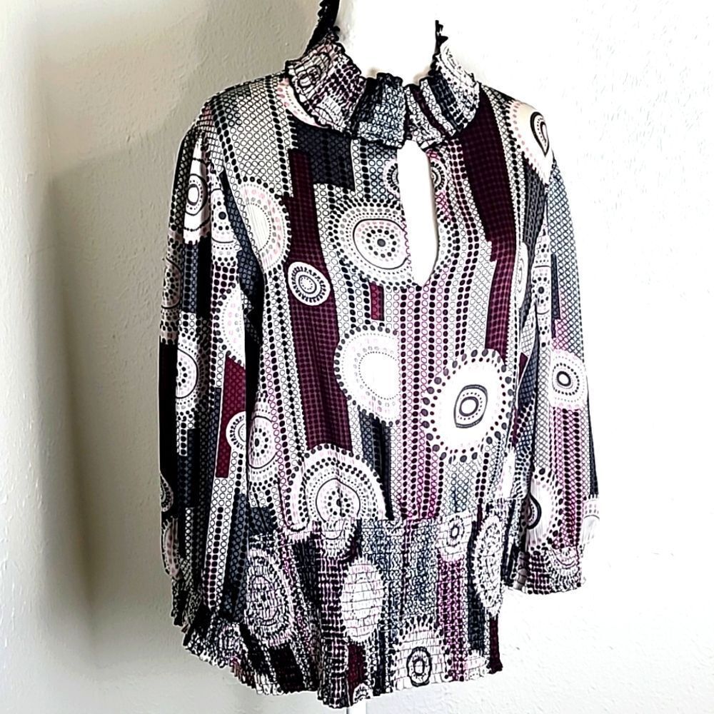 Piano Multicolor Geometric Print Top,Shirred Elastic,3 Button Loophole Collar,1X